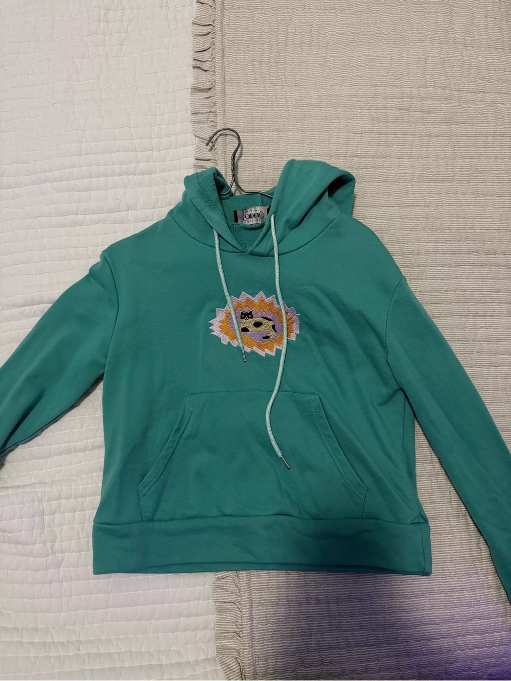 Cider Teal Hoodie Sweater with Embroidered Sun Patch